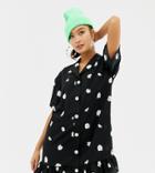 Collusion Frill Hem Daisy Print Revere Shirt Dress - Black