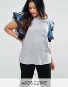 Asos Curve T-shirt With Denim & Organza Ruffle - Gray