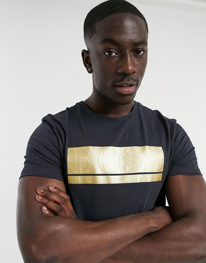 Boss Athleisure Teeonic Panel Logo Tee In Navy/ Gold