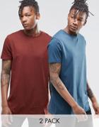 Asos 2 Pack Longline T-shirt Save 18% In Brown/blue