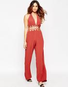 Asos Premium Halter Jumpsuit With Wide Leg And Metal Ring Detail - Rust