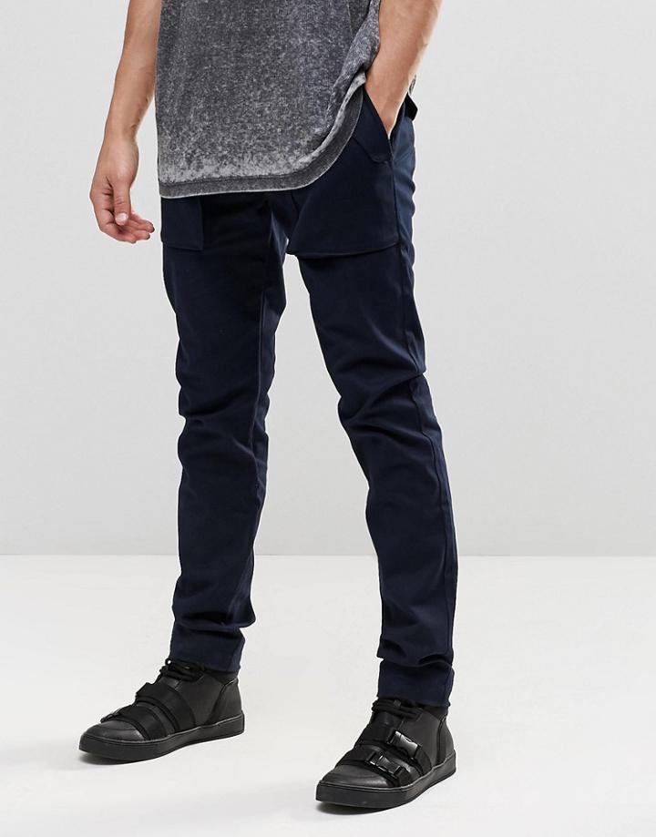 Asos Super Skinny Cargo Pants With Button Pockets In Navy - Navy