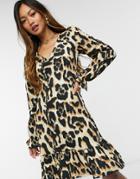 River Island Leopard Print Frill Hem Mini Dress In Brown