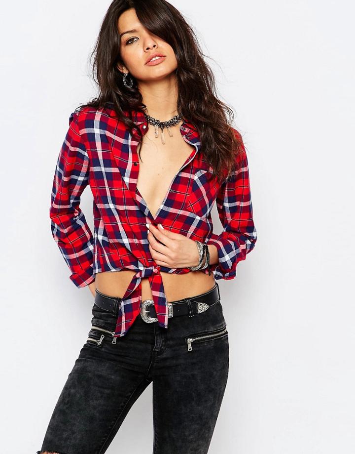 Noisy May Erik Tie Front Check Shirt - Ribbon Red