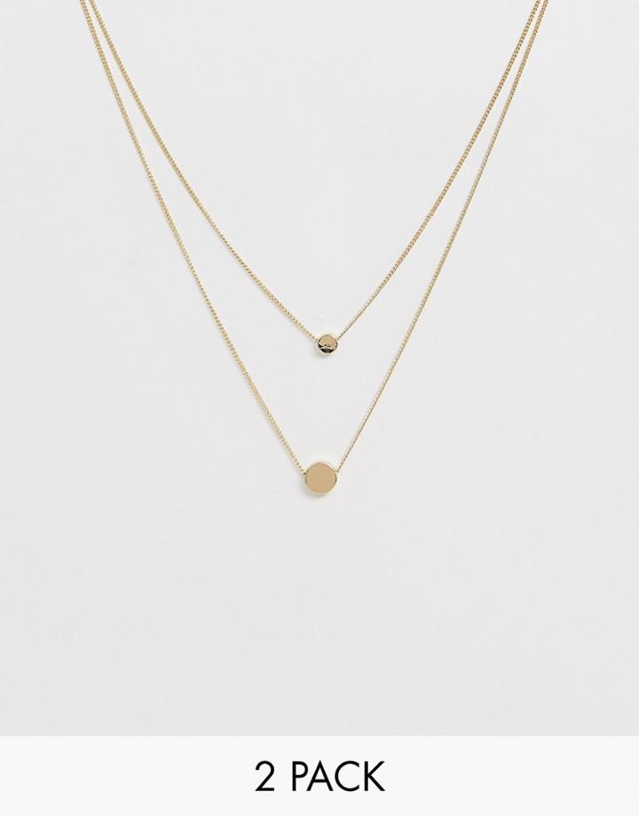 Asos Design Pack Of 2 Double Disc Necklaces In Gold Tone - Gold