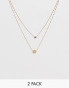 Asos Design Pack Of 2 Double Disc Necklaces In Gold Tone - Gold