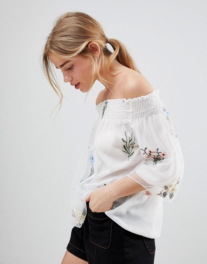 Qed London Off Shoulder Mesh Embroidered Top - White
