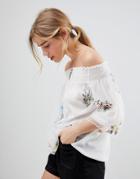 Qed London Off Shoulder Mesh Embroidered Top - White