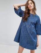 Pull & Bear Ruffle Sleeved Denim Dress - Blue