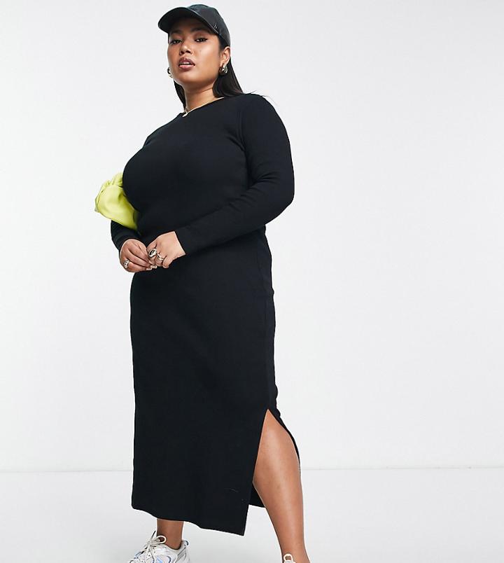 Asos Design Curve Midi Ribbed Column Dress With Side Split In Black