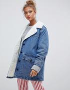 Pull & Bear Denim Coat With Fleece Collar In Blue - Blue