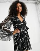 Asos Design Textured Pleated Wrap Mini Dress In Mono Zebra Print-multi