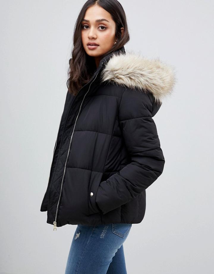 Miss Selfridge Padded Jacket With Faux Fur Trim In Black - Black