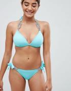 Lipsy Tie Side Bikini Bottoms With Rhinestone Trim - Green