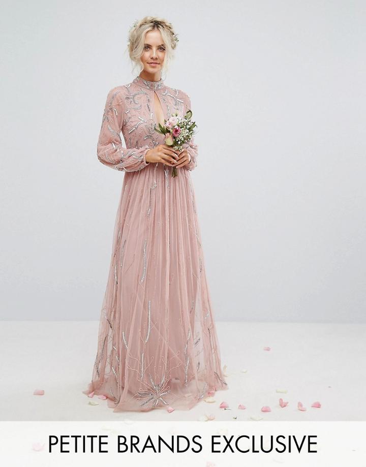 Maya Petite High Neck Keyhole Detail Embellished Maxi Dress - Pink