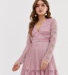 Asos Design Petite Pleated Lace Insert Mini Skater Dress-pink