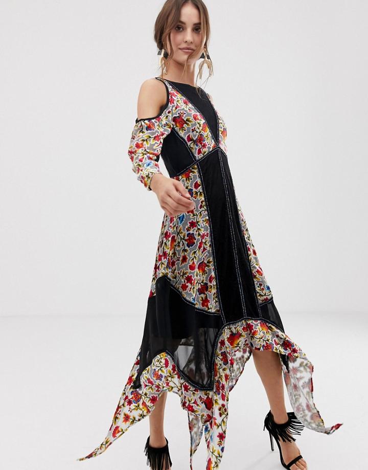 Frock And Frill Floral Printed Velvet Hanky Hem Dress With Cold Shoulder-multi