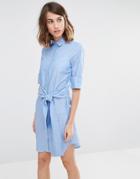 Warehouse Clean Cotton Tie Front Shirt Dress - Blue
