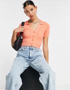 Emory Park Ribbed Crop Top With Button Front And Collar Detail In Orange