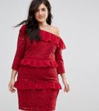 Lovedrobe Allover Lace Ruffle One Shoulder Pencil Dress - Red