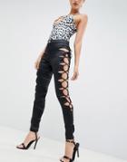 Asos Design Ridley Festival High Waist Skinny Jeans In High Shine Stretch Satine Fabric With Side Lace Up Detail-black