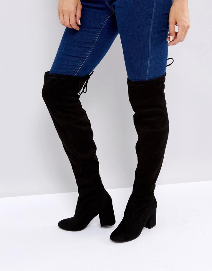 New Look Velvet Over The Knee Block Heeled Boot With Tie Back - Black