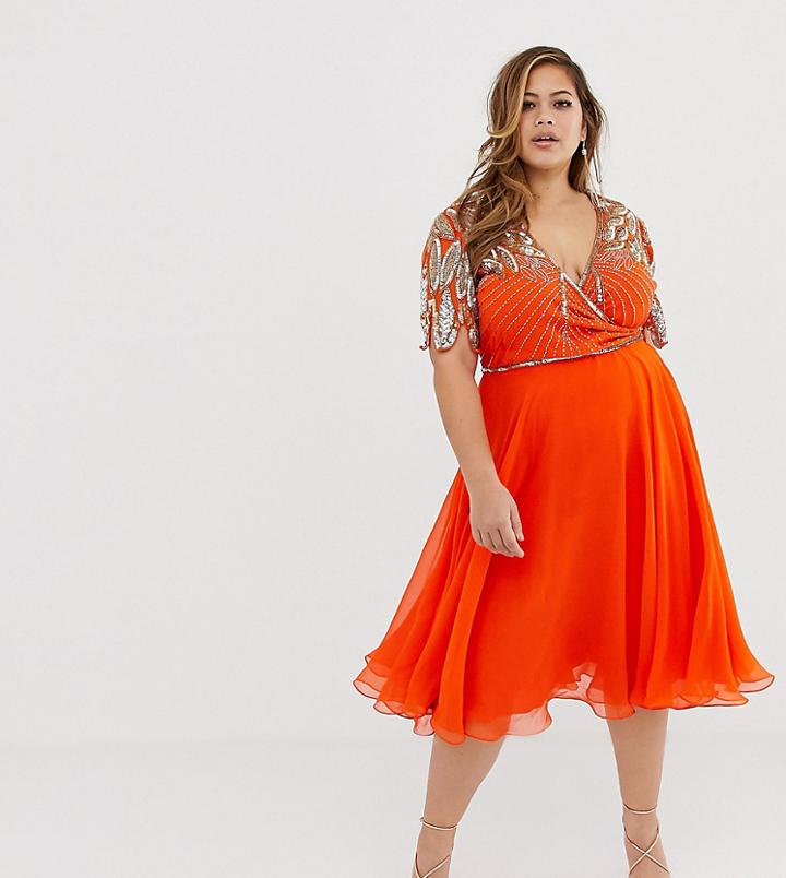 Virgos Lounge Plus Embellished Wrap Front Midi Skater Dress In Orange