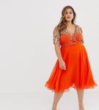 Virgos Lounge Plus Embellished Wrap Front Midi Skater Dress In Orange