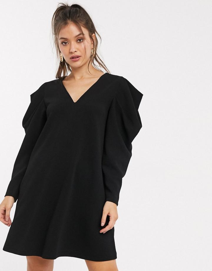 Asos Design Mini Swing Dress With V Neck And Pleated Sleeve In Black