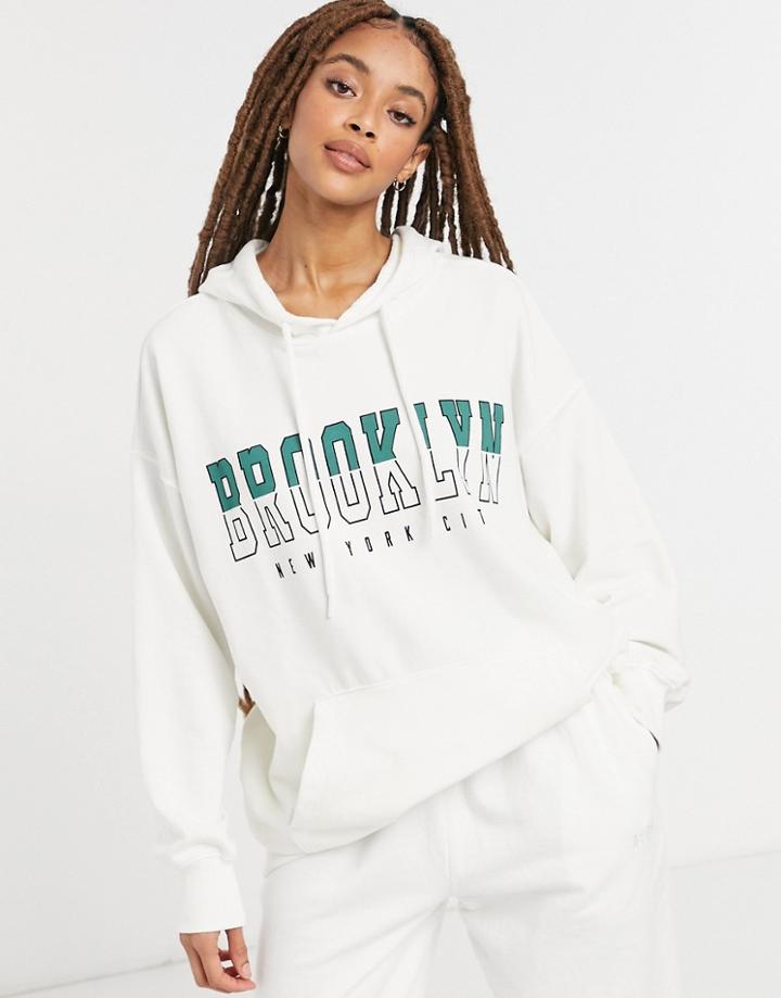 Stradivarius Oversized Brooklyn Hoodie In Ecru-white