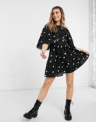 Asos Design All Over Embroidered Mini Skater Dress With Lace Trim In Black
