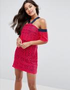 Asos Premium Cold Shoulder Double Layer Lace Mini Dress - Pink