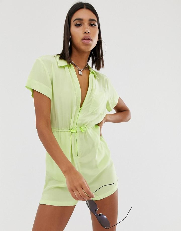 Asos Design Zip Front Neon Shellsuit Romper With Drawstring Toggle Waist-yellow