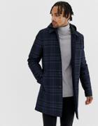 Asos Design Trench Coat In Navy Check With Removable Hood - Navy