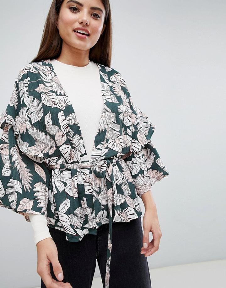 Ax Paris Palm Print Kimono - Green