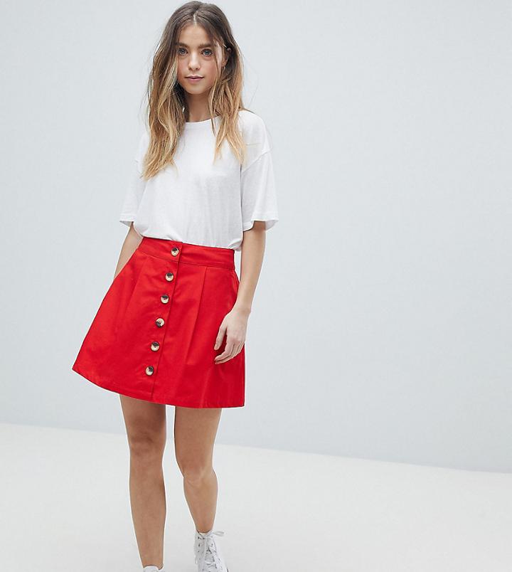 Asos Design Petite Cotton Mini Skater Skirt With Button Front - Red