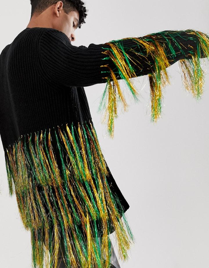 Asos Design Knitted Oversized Cardigan With Neon Tassels In Black - Multi