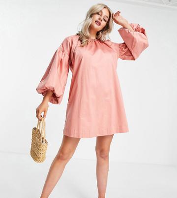 Y.a.s Petite Cotton Volume Sleeve Mini Smock Dress In Terracotta-brown