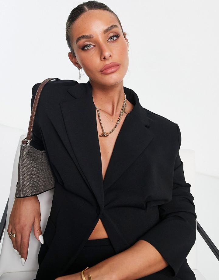 Asos Design Jersey Suit Strong Shoulder Nipped Waist Blazer In Black