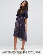 Hope & Ivy Maternity Printed Flutter Sleeve Hi Lo Midi Dress - Gray