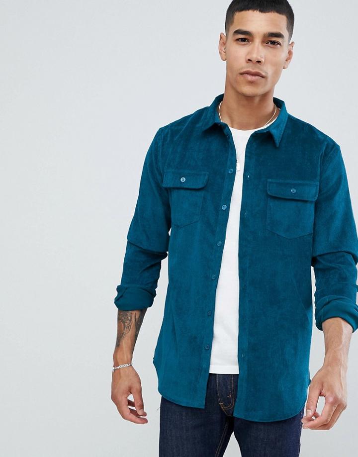 Boohooman Regular Fit Corduroy Shirt In Teal - Blue