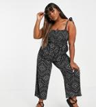 Yours Bardot Shirred Jumpsuit In Black Aztec Print
