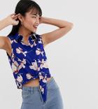 Brave Soul Petite Tie Front Shirt In Floral Print-navy