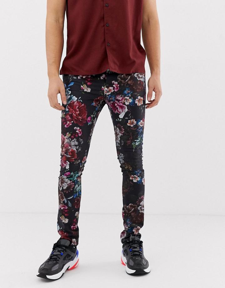 Asos Design Super Skinny Pants In Floral Print - Black
