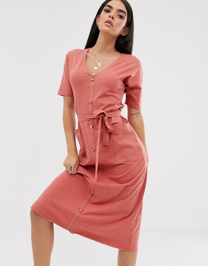 Asos Design V Neck Button Through Belted Midi With Pockets - Red