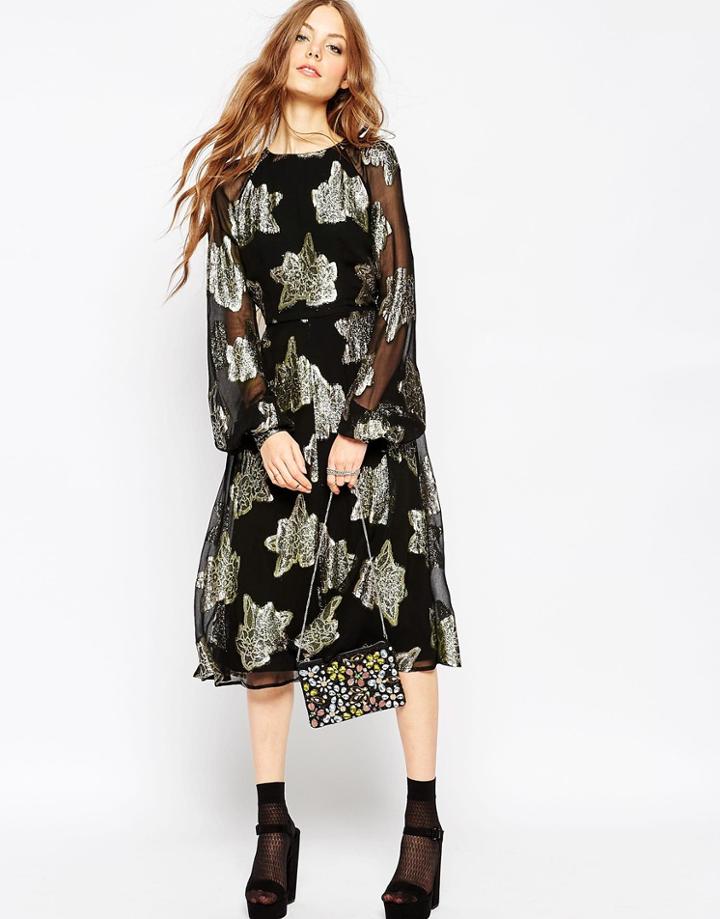 Asos Foil Floral Midi Skater Dress - Multi