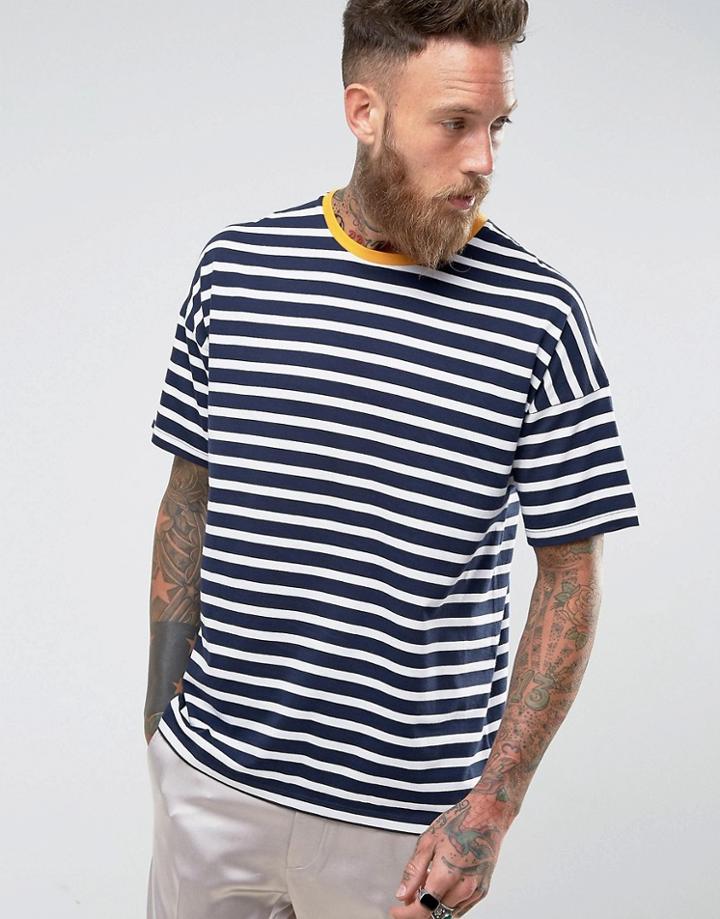 Asos Stripe Oversized T-shirt With Contrast Ringer - Navy