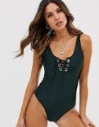 Warehouse Swimsuit With Tie Front In Khaki - Green
