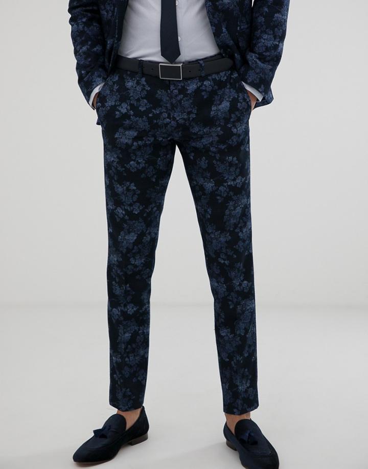 Moss London Slim Fit Suit Pants With Floral Print In Navy-blue