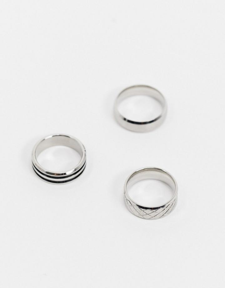 Asos Design 3 Pack Waterproof Stainless Steel Band Ring Set In Silver Tone